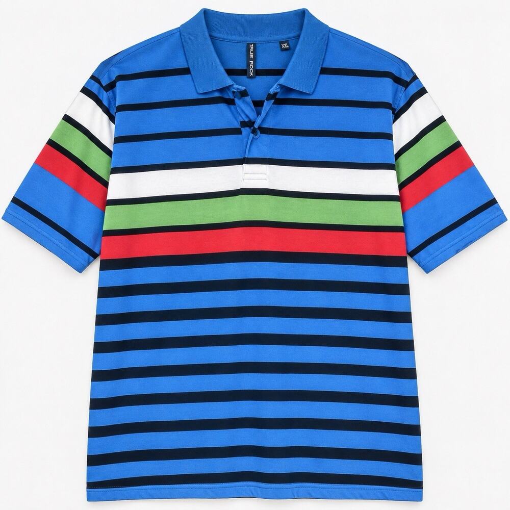 True Rock Polo Shirt Men’s XXL Blue Black Green Red White Striped Short Sleeve